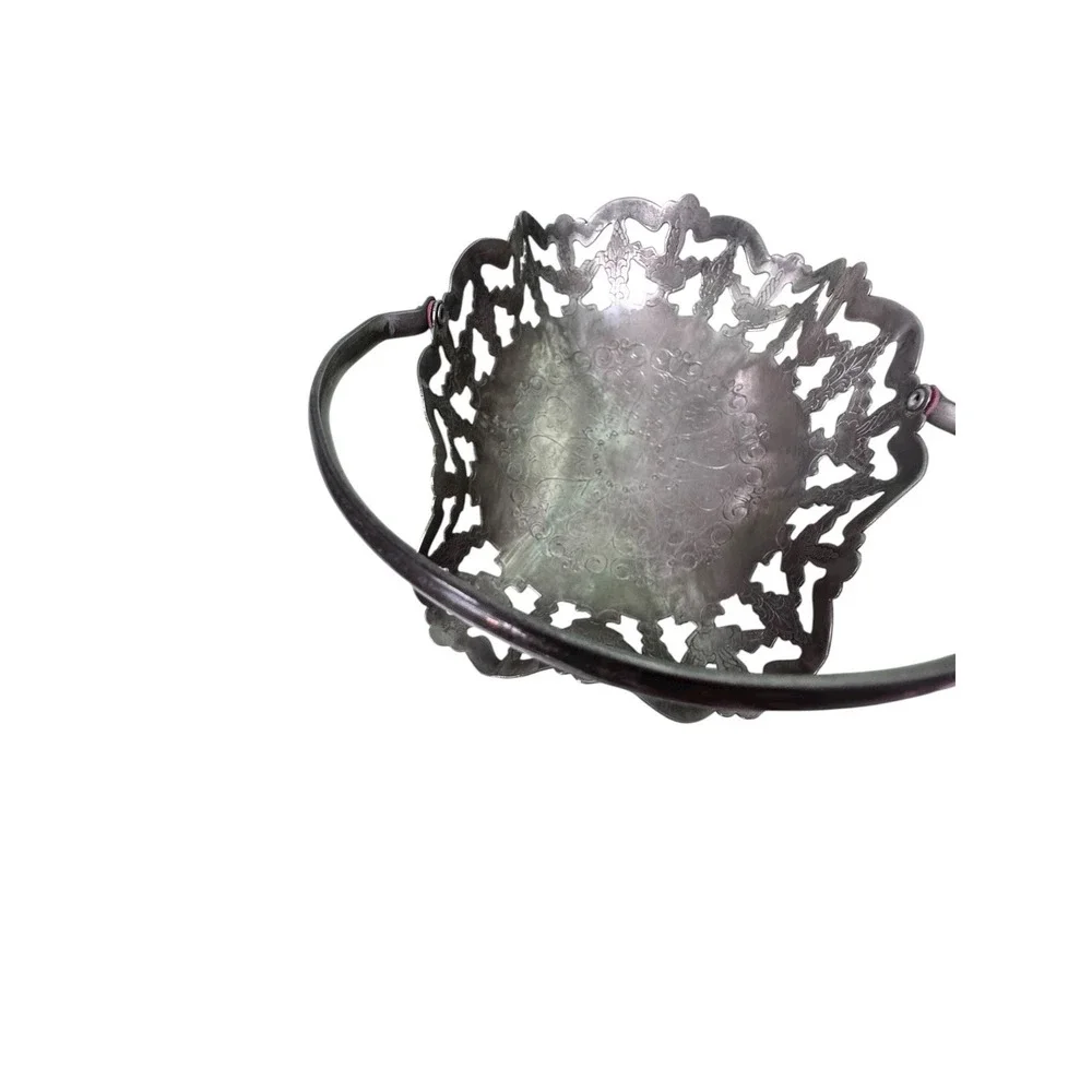 Antique Silverplate‎ Ruffled Handled Basket Trinket Tray Vintage Dish USA 3511
